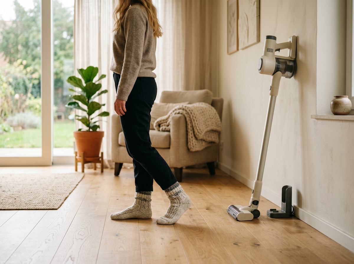 Aspirateur balai sans fil rangé contre un mur clair, dans un salon avec plantes