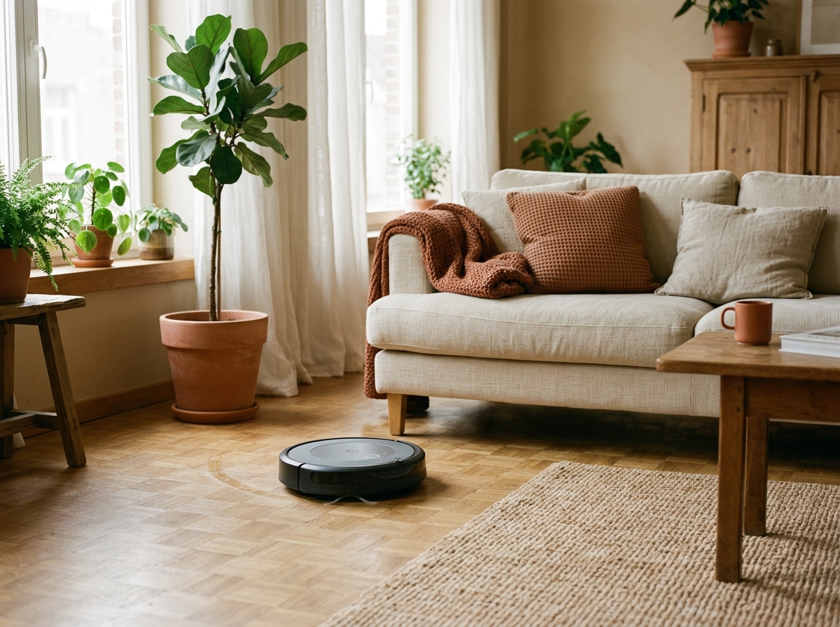 Robot aspirateur sur un parquet, devant un canapé en lin et des plantes